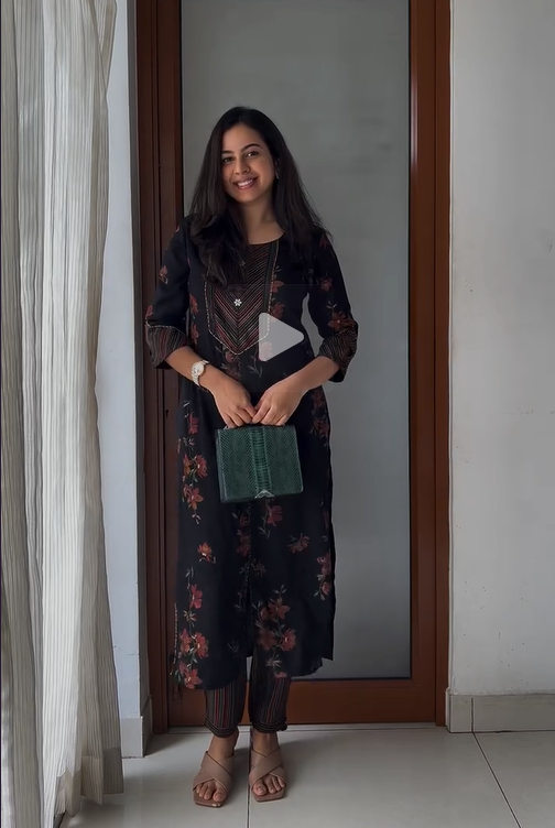 Kala- Black Floral & Embllished Kurta with Striped Pant