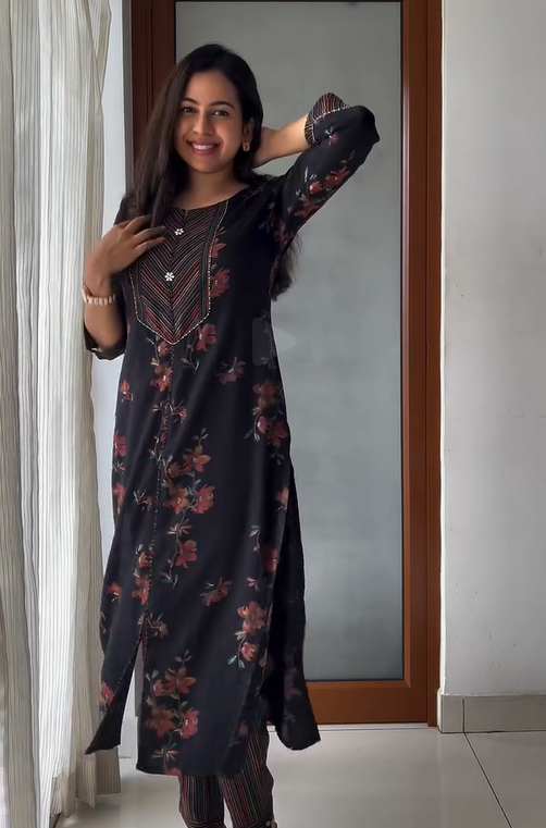 Kala- Black Floral & Embllished Kurta with Striped Pant