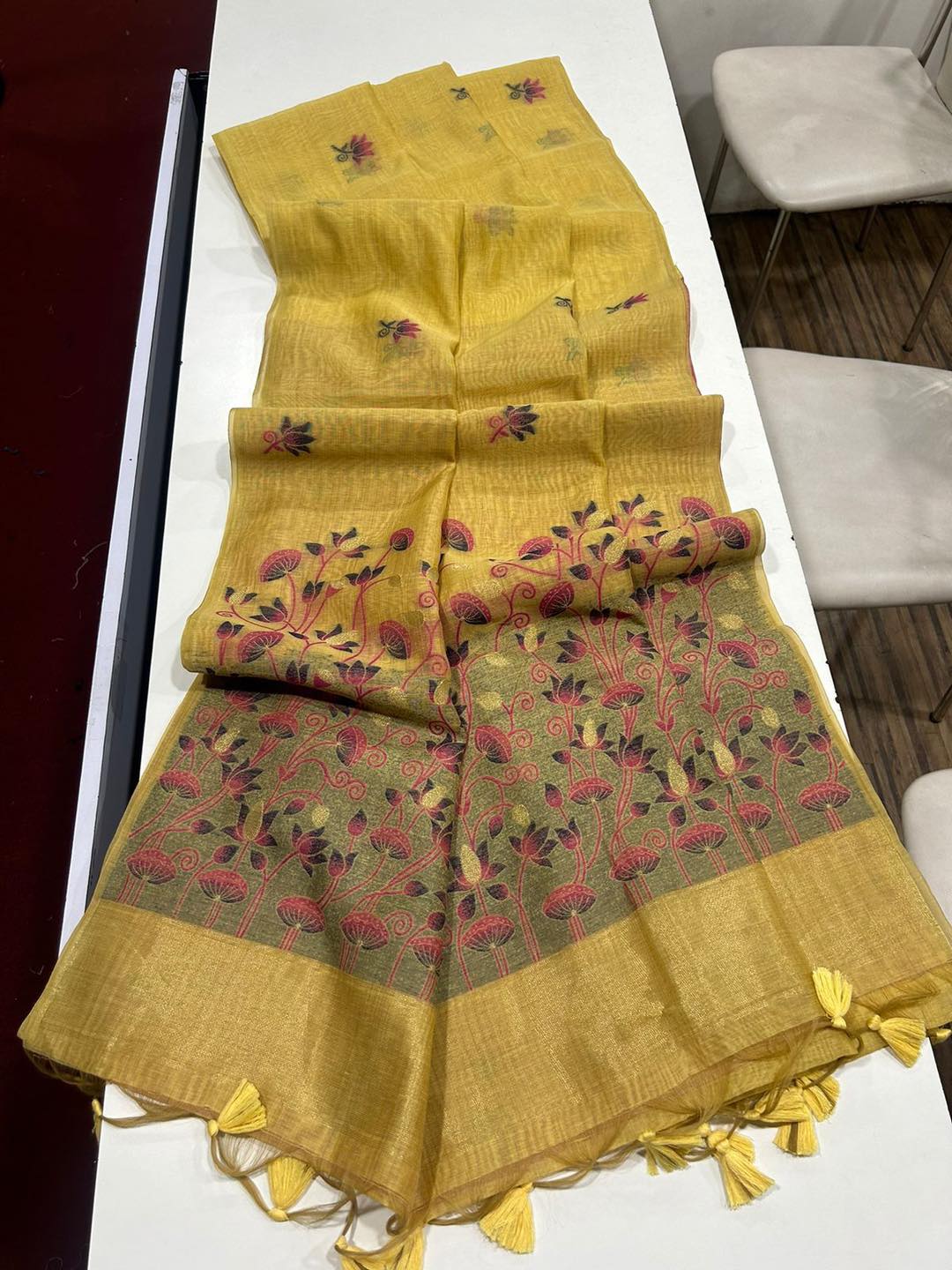 Noor- Muga cotton saree Temple Anarkali Gown is crafted with premium silk and traditional embroidery,