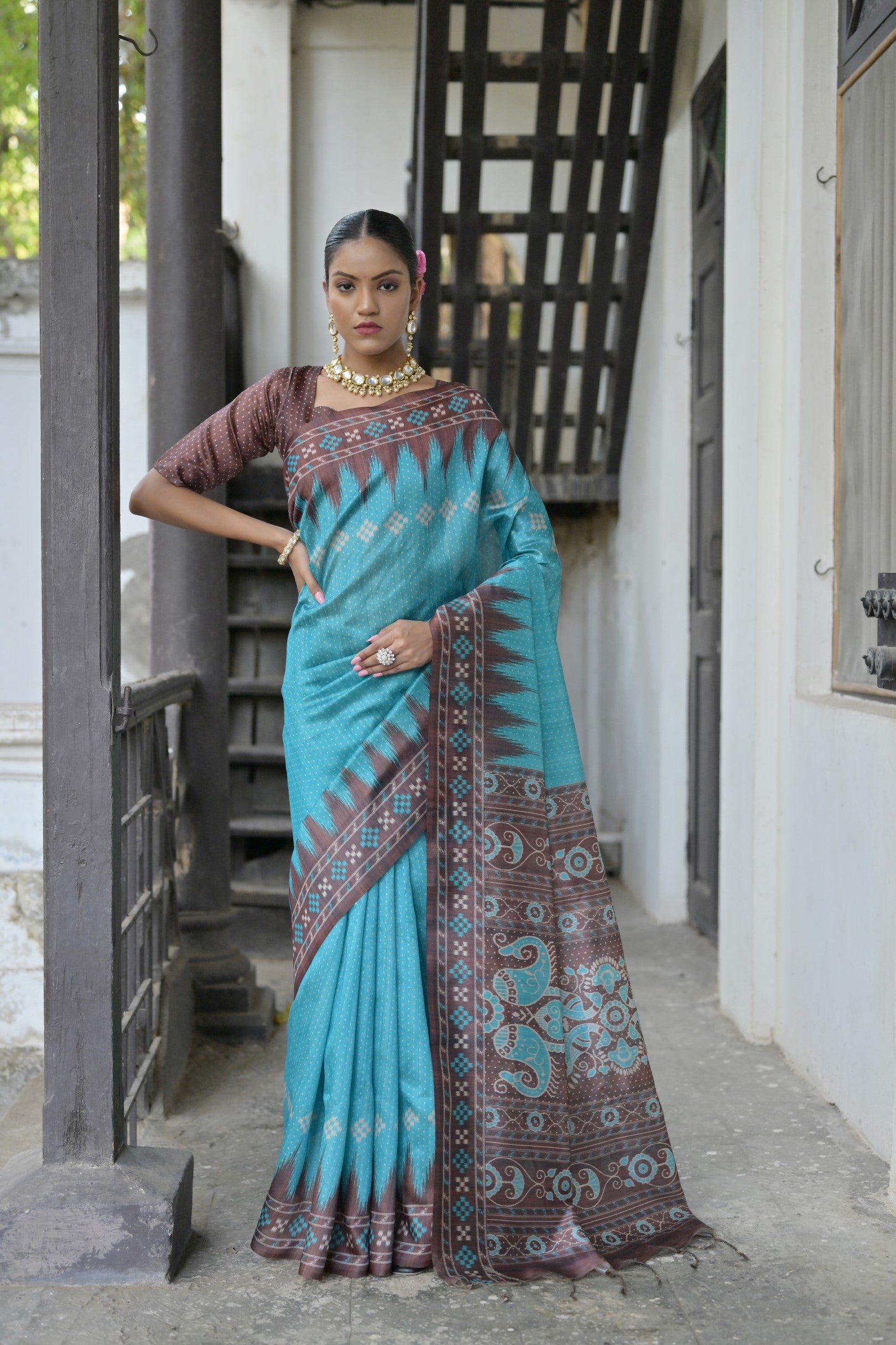 Ajrakh- Ethnic Elegance – Temple Patola Soft Silk Saree