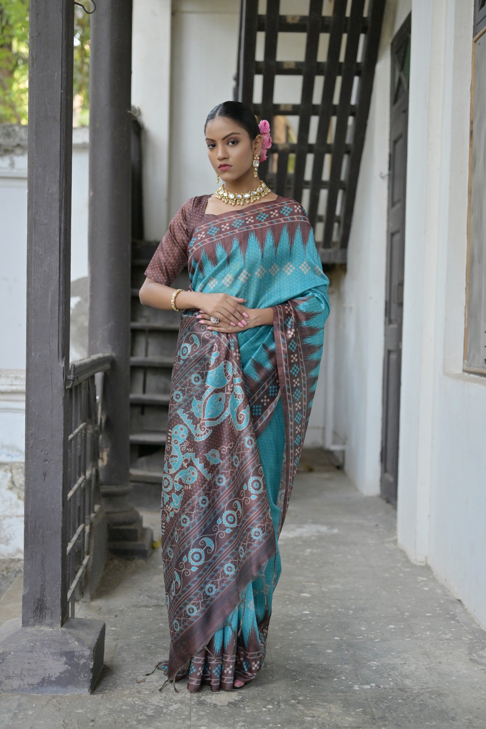 Ajrakh- Ethnic Elegance – Temple Patola Soft Silk Saree