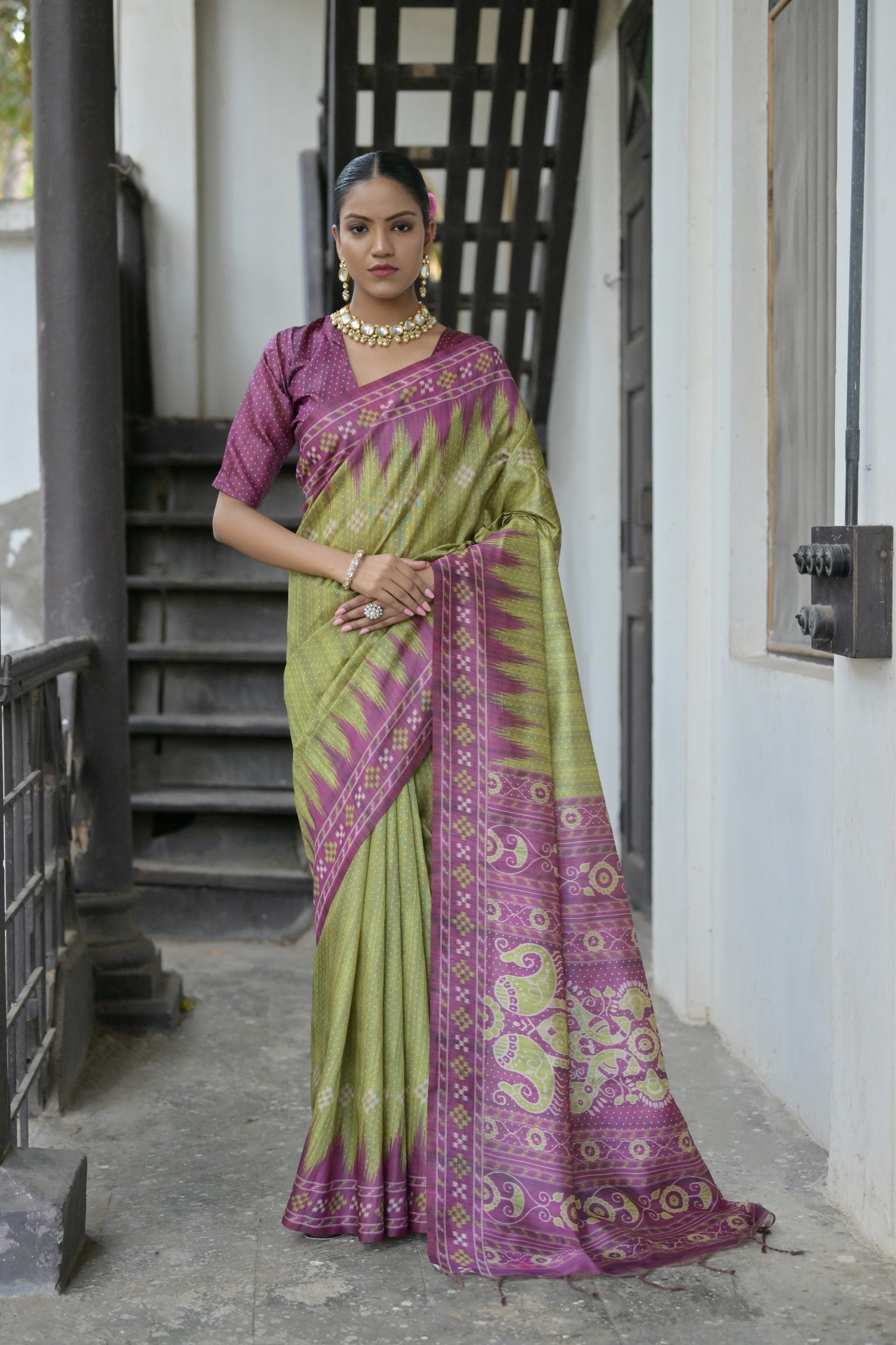 Ajrakh- Ethnic Elegance – Temple Patola Soft Silk Saree