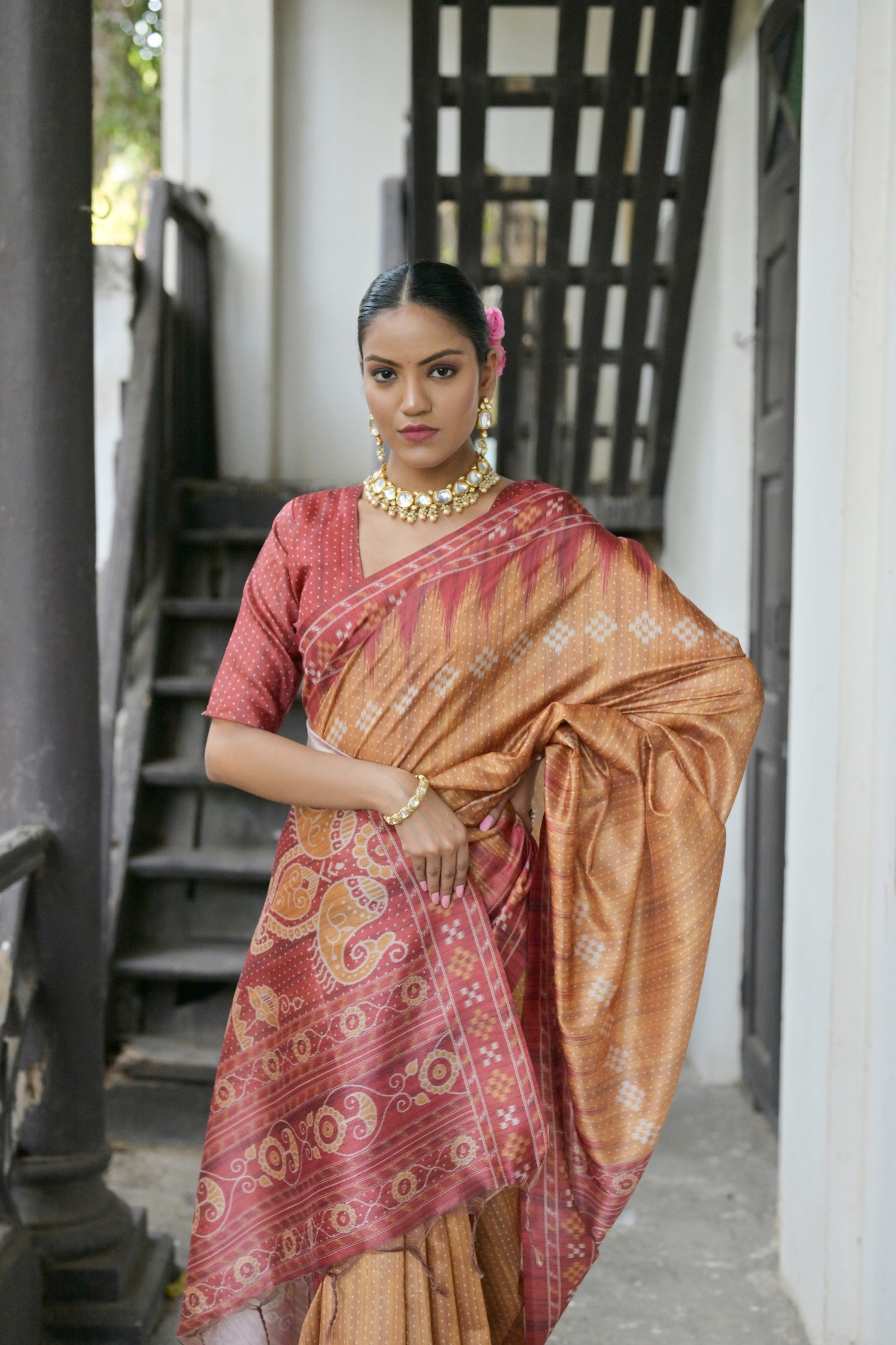 Ajrakh- Ethnic Elegance – Temple Patola Soft Silk Saree