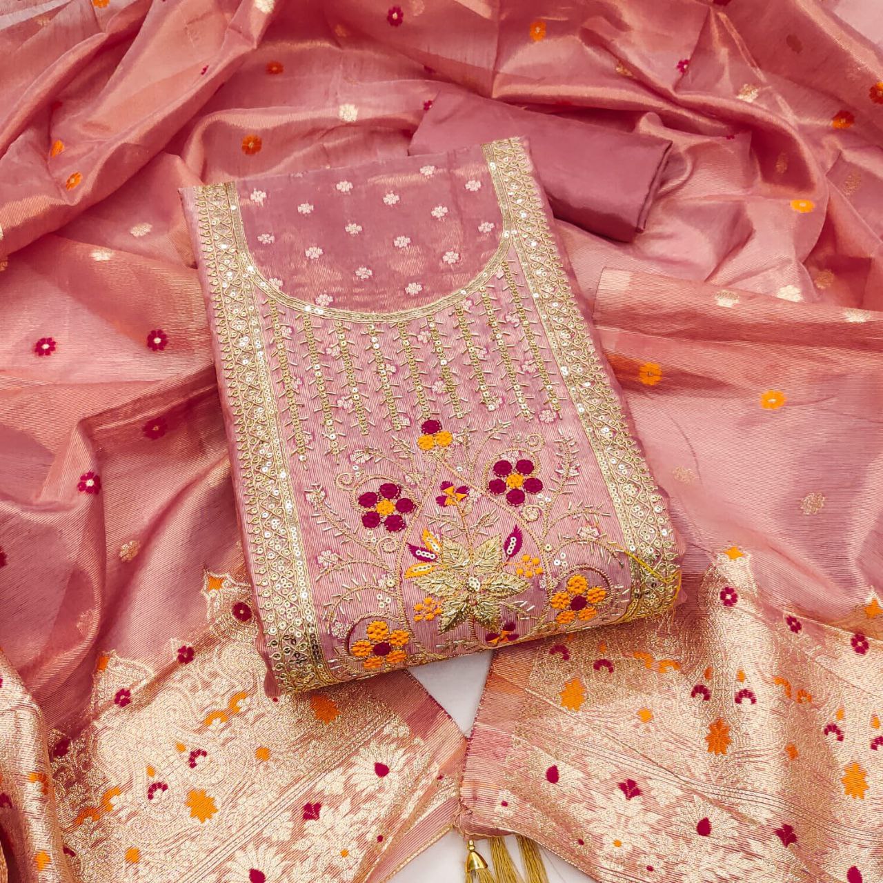 Jari- Simmer silk Zakard with Kodding , Hand Work