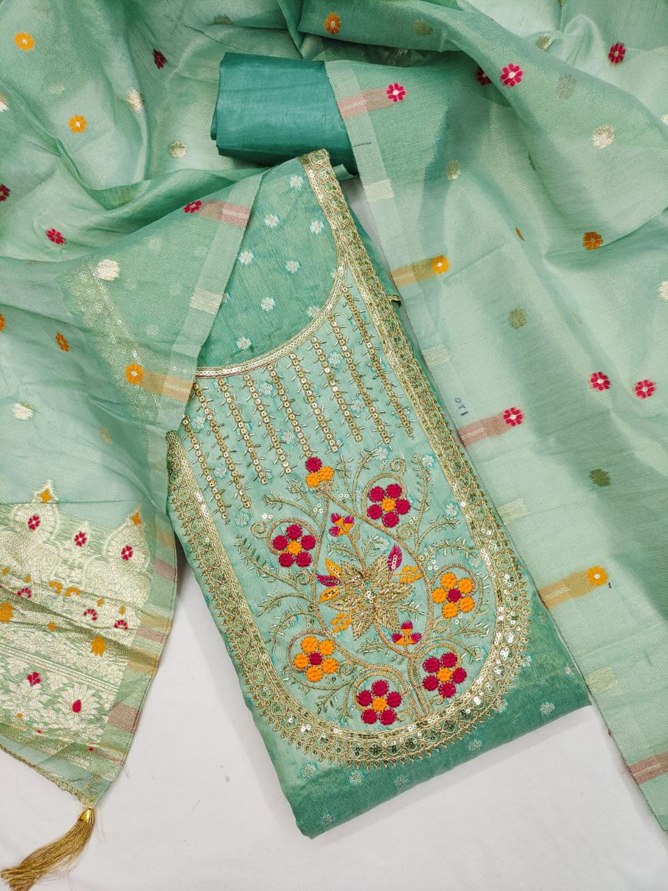 Jari- Simmer silk Zakard with Kodding , Hand Work