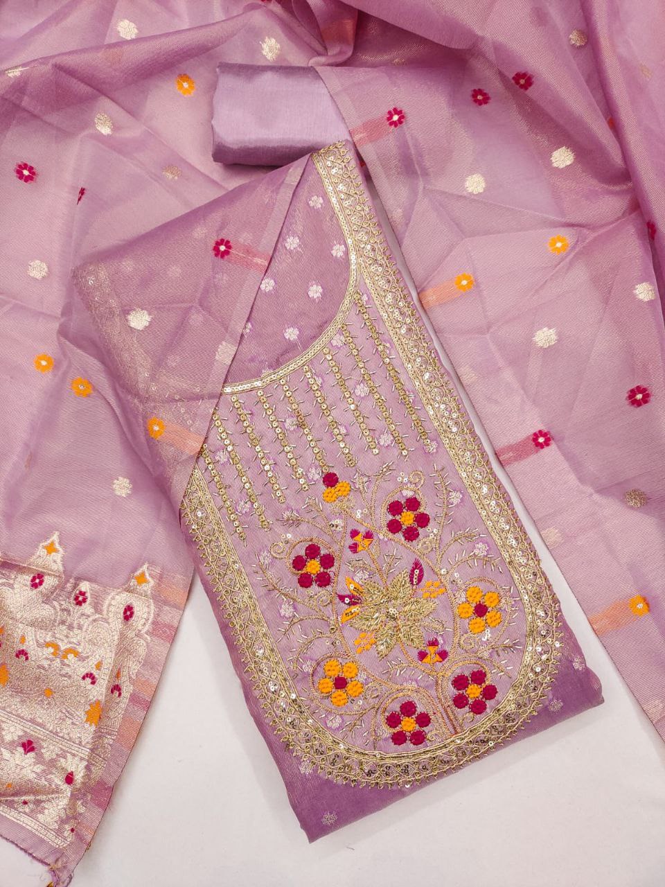 Jari- Simmer silk Zakard with Kodding , Hand Work