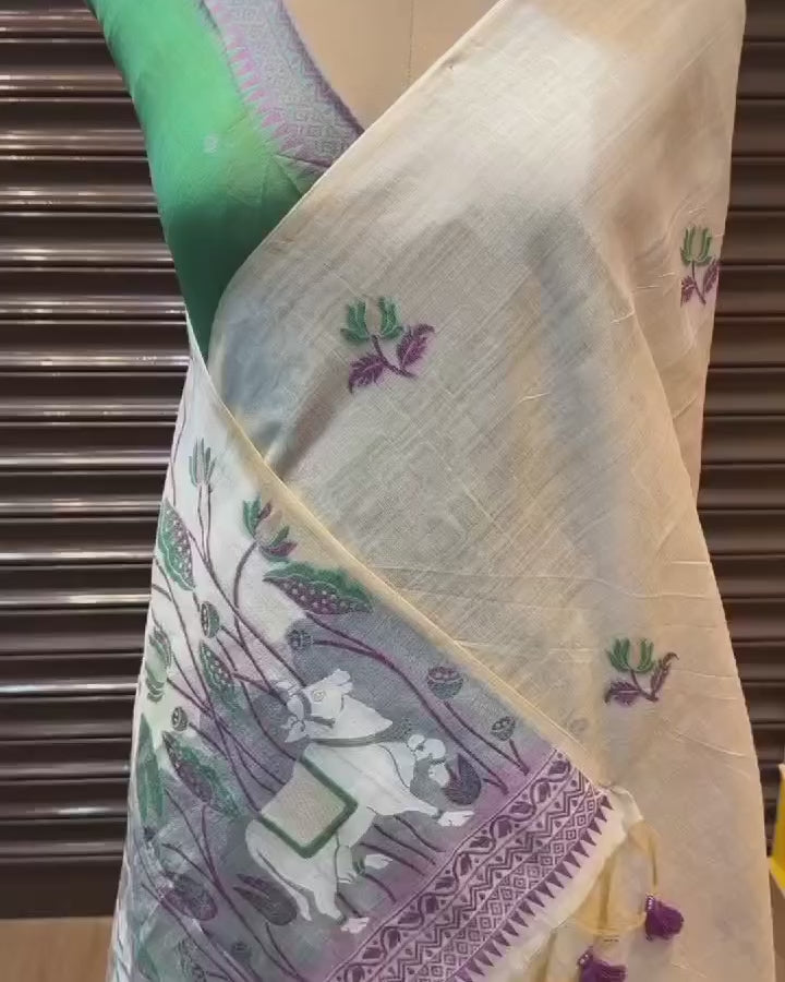 Cow- Pranshi Navy Pichwai Muga Cotton Saree