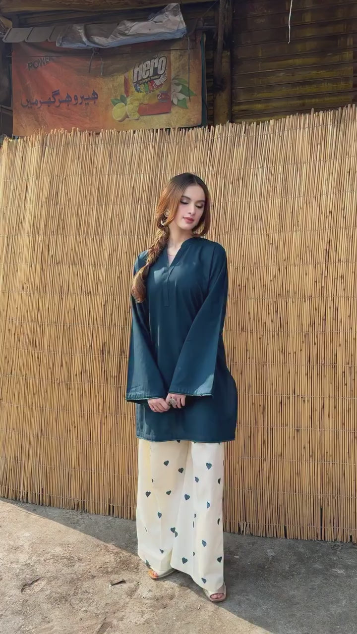 Premium Pure Dhanak Solid Straight Kurti with Off-White Heart Print Palazzo Pants